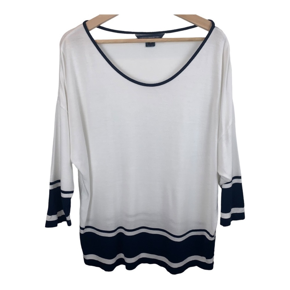 French Connection White Navy Blue Dolman 3/4 Sleeve Stretch Top Women's  sz M
